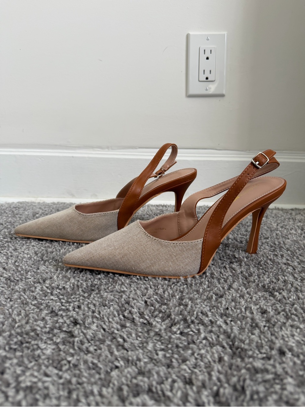 Fashion Nova Beige Pointed-Toe Slingback Heels with Tan Straps